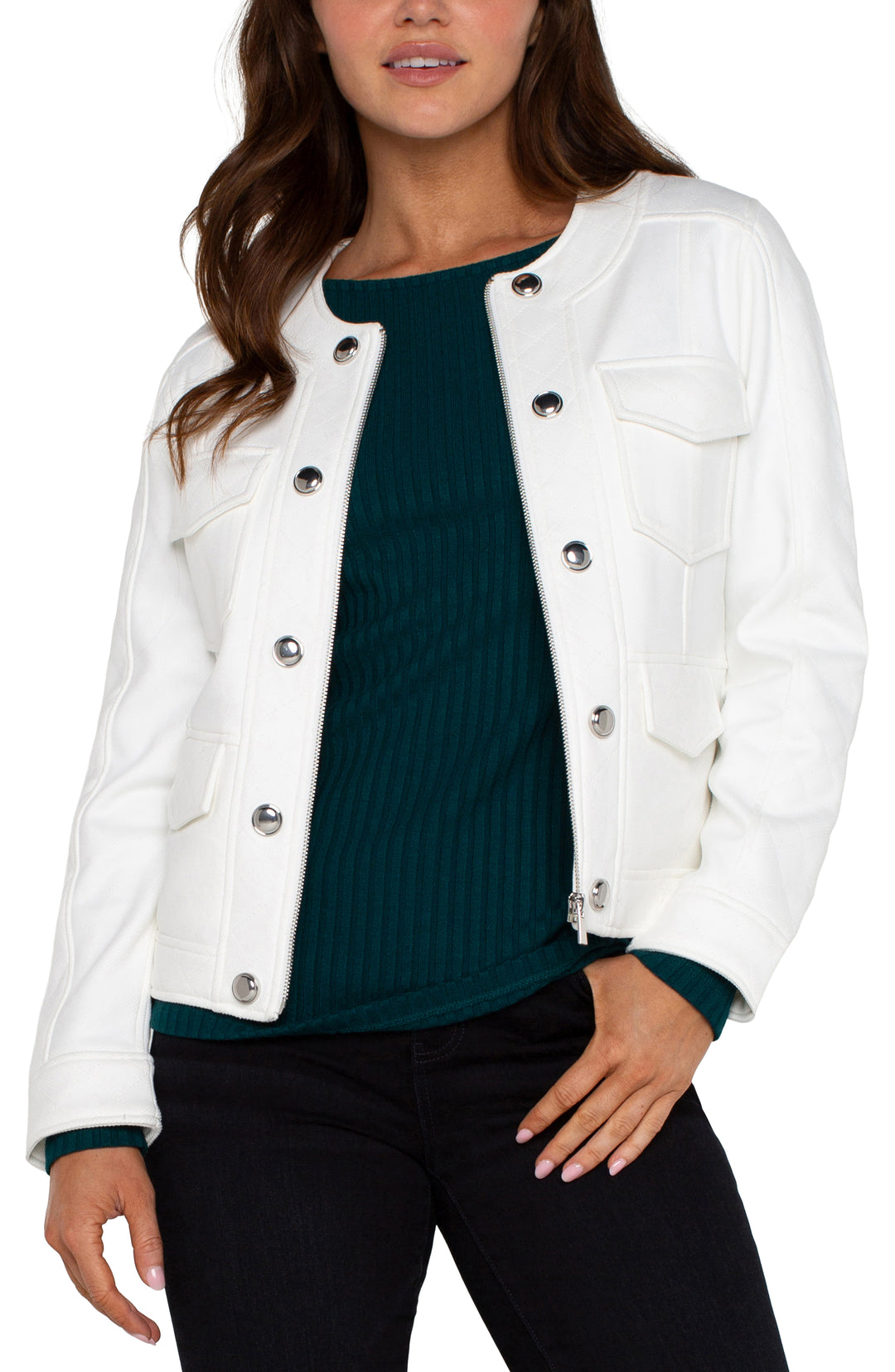 SCOOP NECK QUILTED ZIP JACKET - PORCELAIN