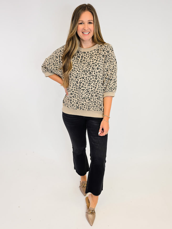 LEOPARD KNIT PUFF SLEEVE SWEATSHIRT - STONE