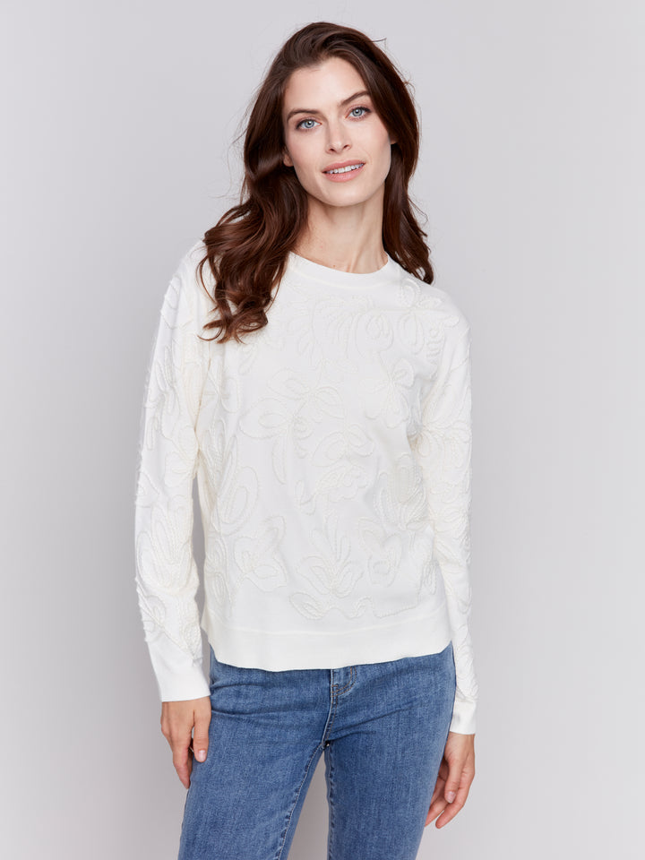 JACQUARD KNIT ROUND HEM SWEATER - ECRU