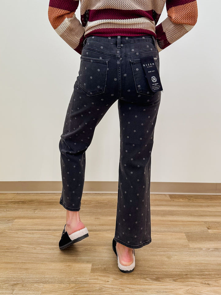 RISEN HR ANKLE STRAIGHT POLKA DOT PRINT PANTS - GREY - 28" INSEAM