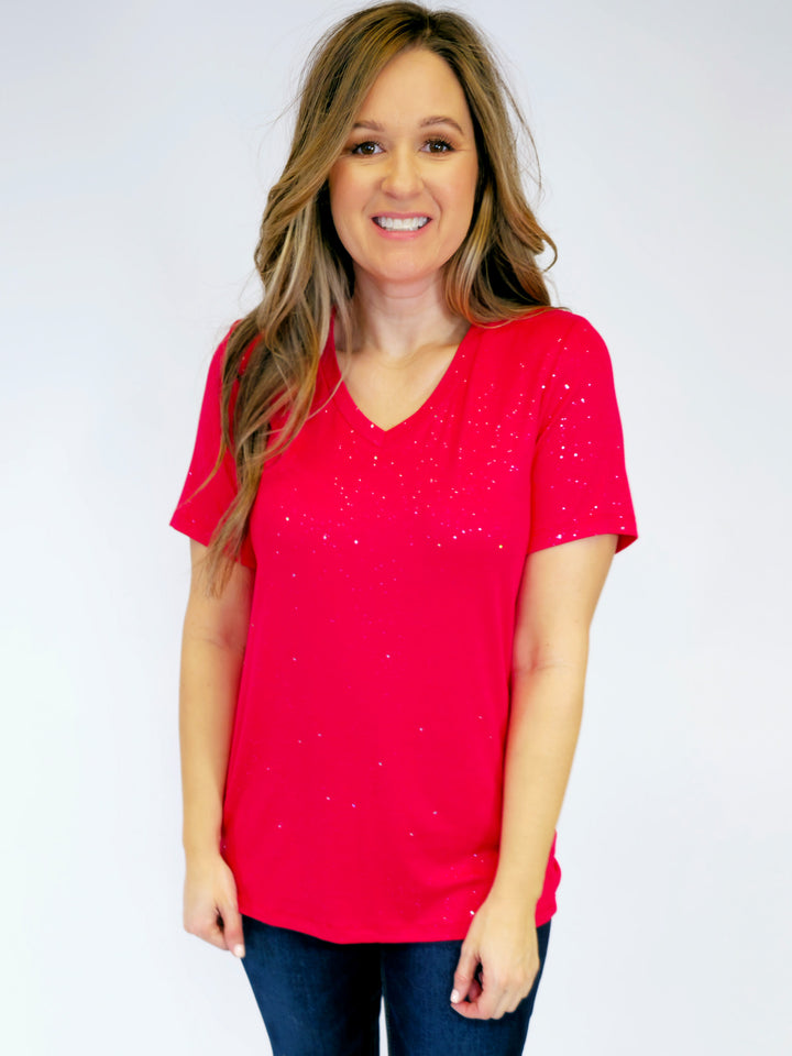 SHORT SLEEVE OLIVIA TEE - RED SPARKLE