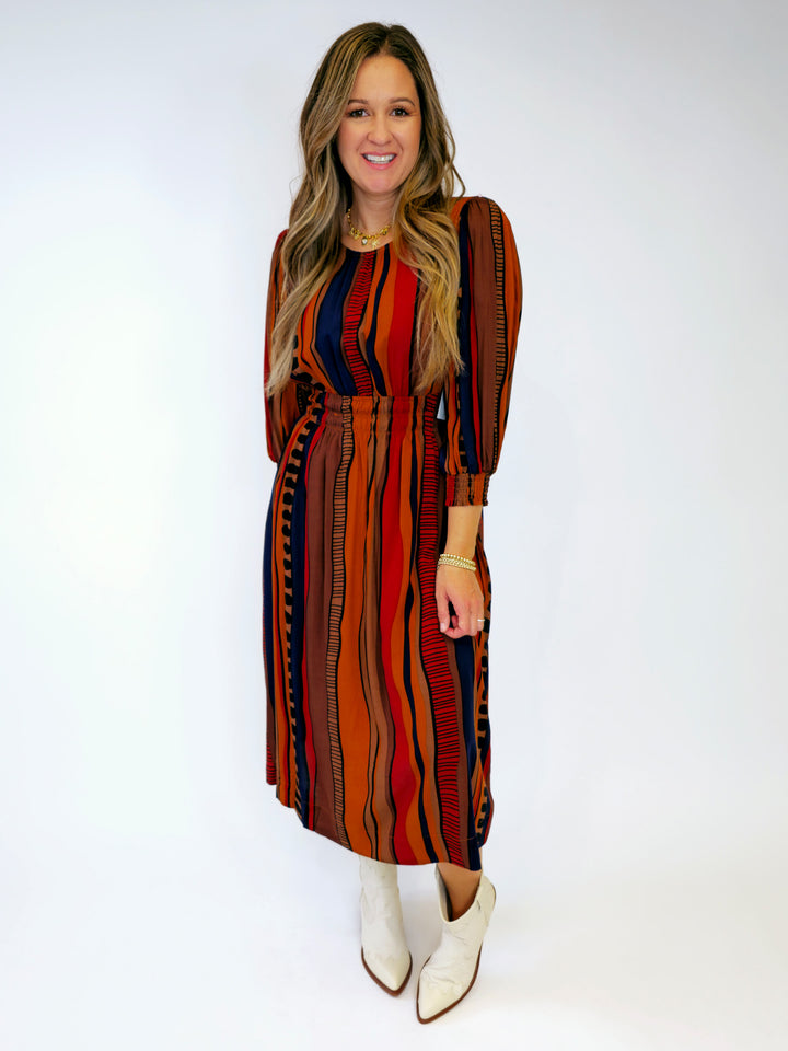 ABSTRACT PRINT SMOCKED WAIST MIDI DRESS - BROWN MIX