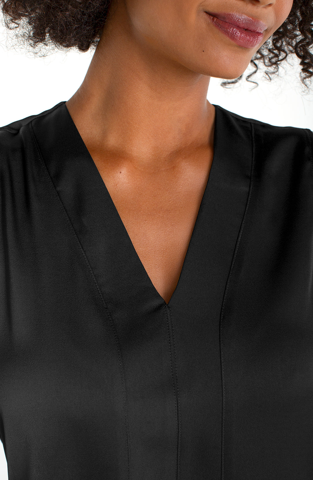 SLEEVELESS V-NECK WOVEN-TO-KNIT TOP - BLACK