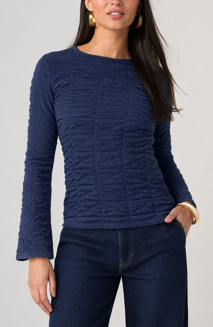 LONG FLARE SLEEVE CREW NECK TOP - NAVY