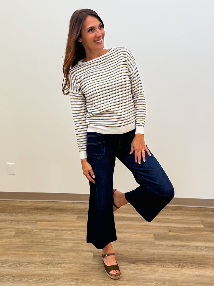 MULTI COLOR STRIPE TEXTURED CREW NECK TOP - OLIVE/BURGUNDY