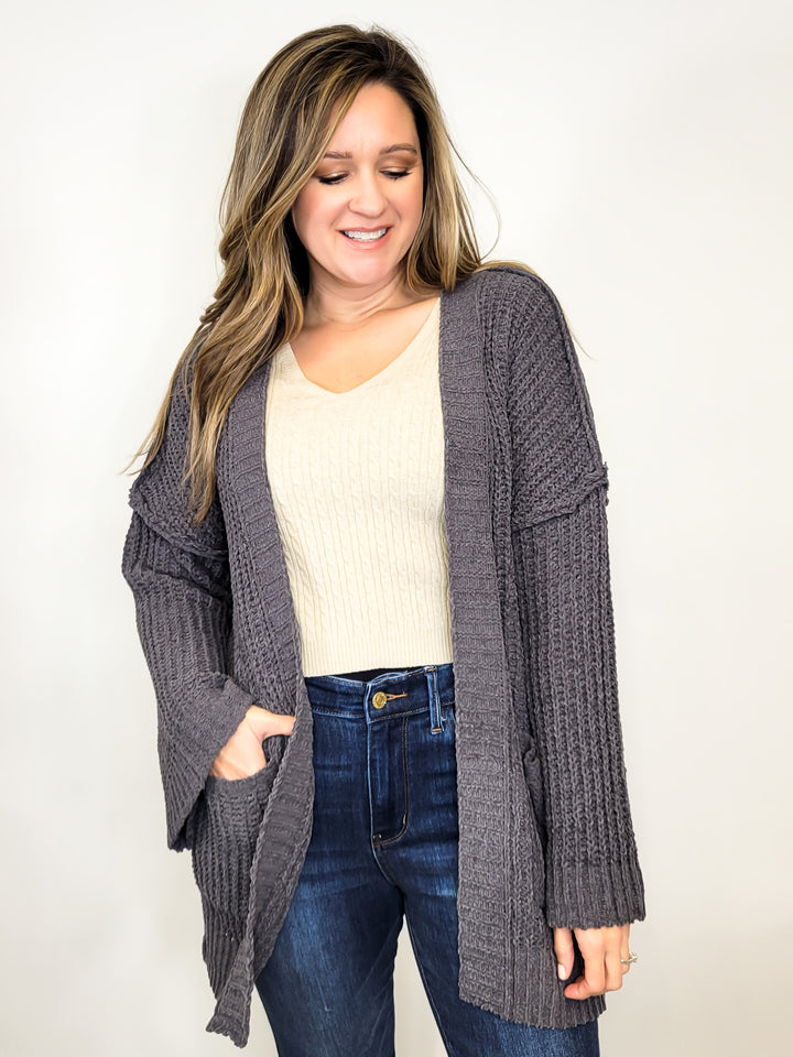 CHENILLE POCKET CARDIGAN , CHARCOAL