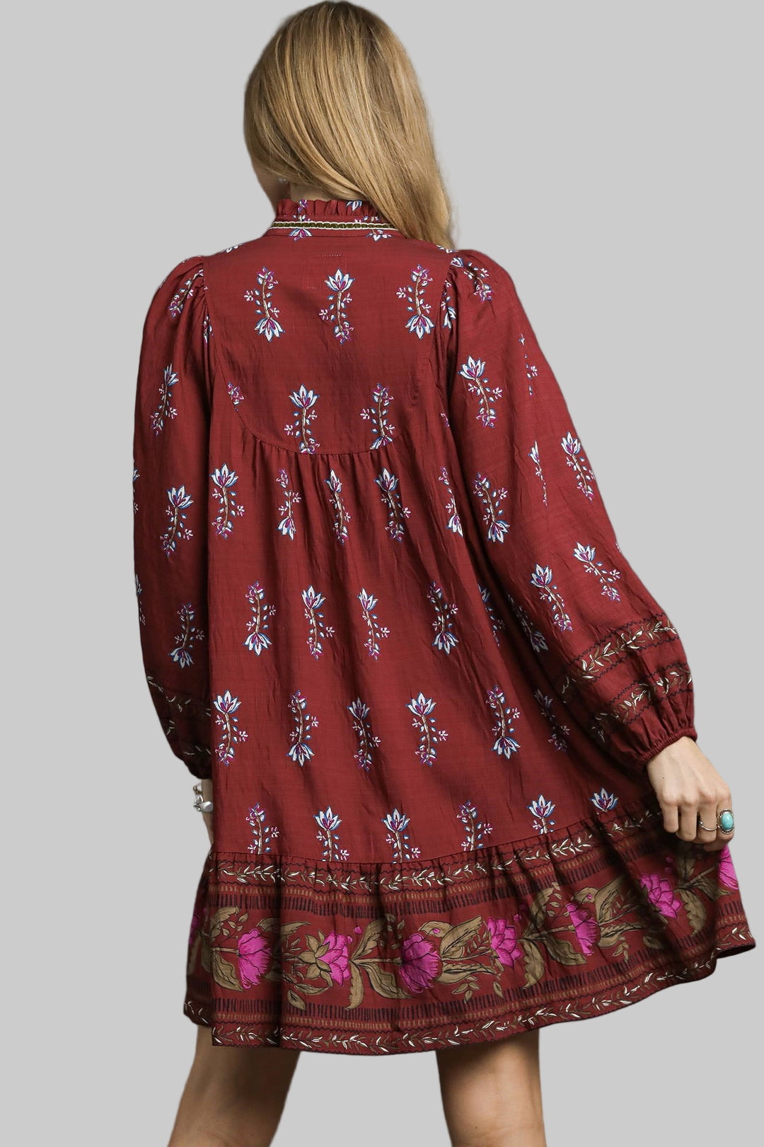 FLORAL PRINT RUFFLE SHORT DRESS - BURGUNDY
