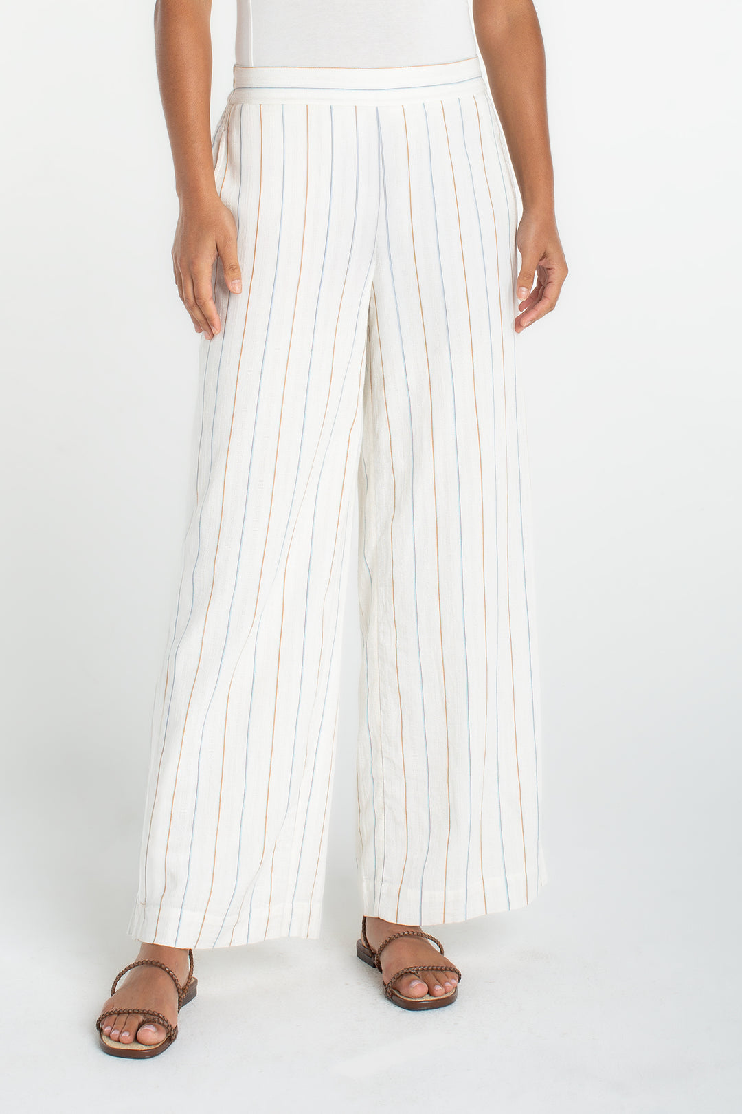 PULL ON WIDE LEG WOVEN PANTS - CREAM/BLUE STRIPES