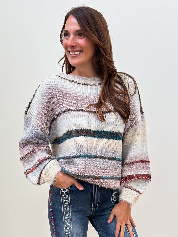 BALLOON SLEEVE MULTICOLOR STRIPED KNIT SWEATER - KHAKI