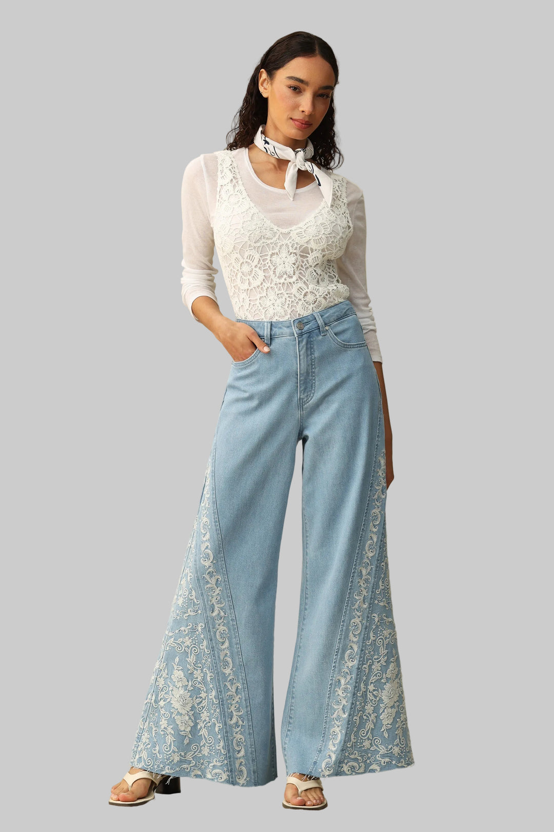 BAYEAS HR EMBROIDERED FLARE JEANS - LIGHT BLUE - 29.5" INSEAM