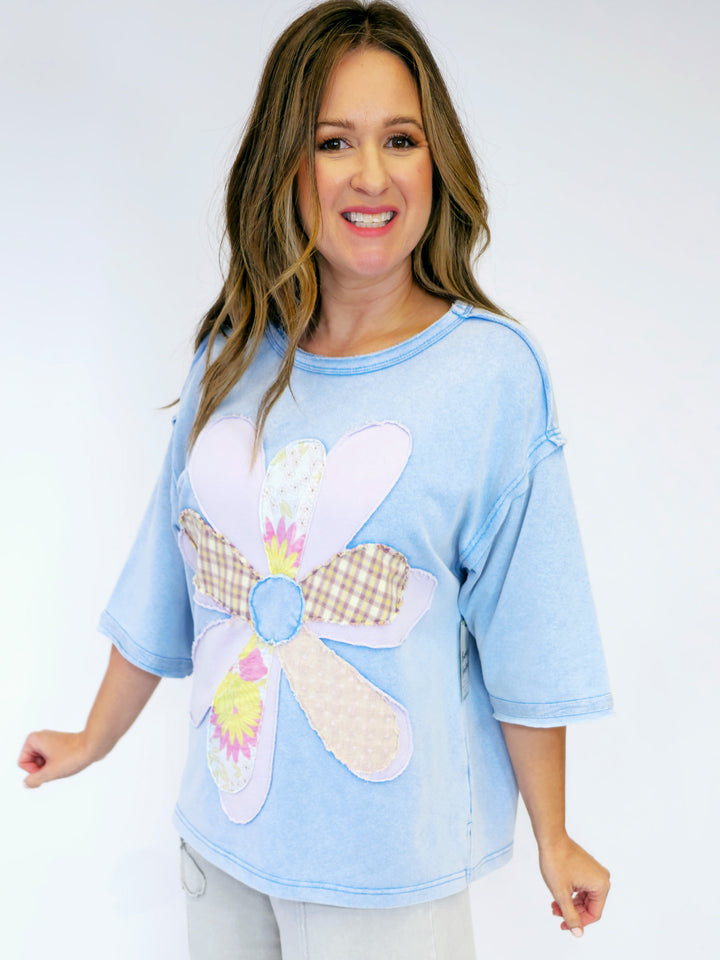 FLOWER PATCH MINERAL WASHED TERRY KNIT TUNIC - PERI BLUE