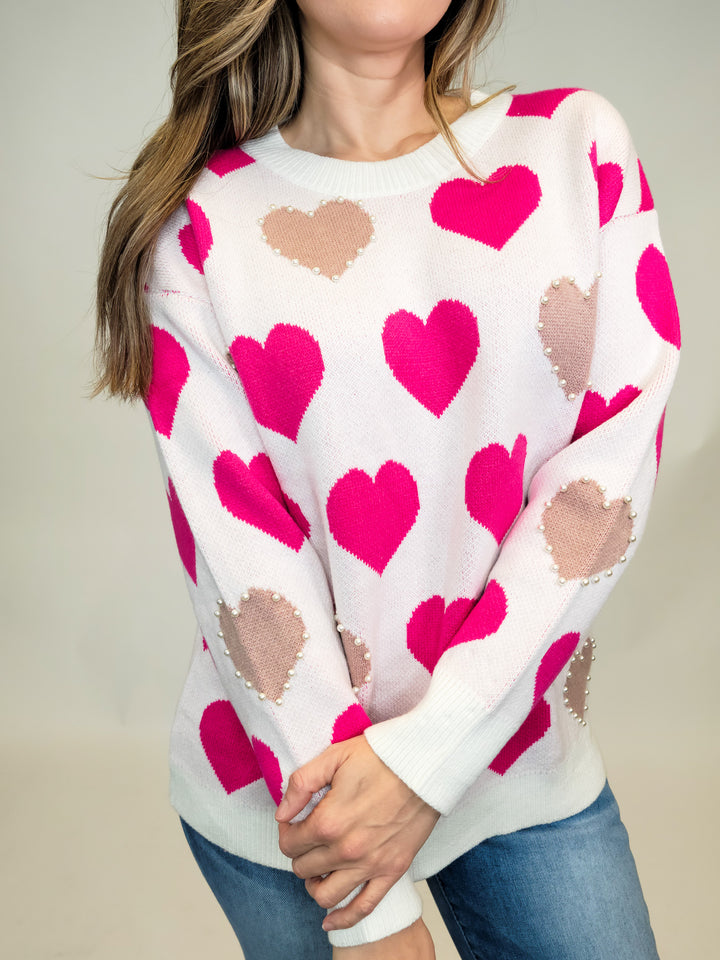 LONG SLEEVE HEART PATTERN SWEATER TOP W/PEARL ACCENT - OFF WHITE/PINK
