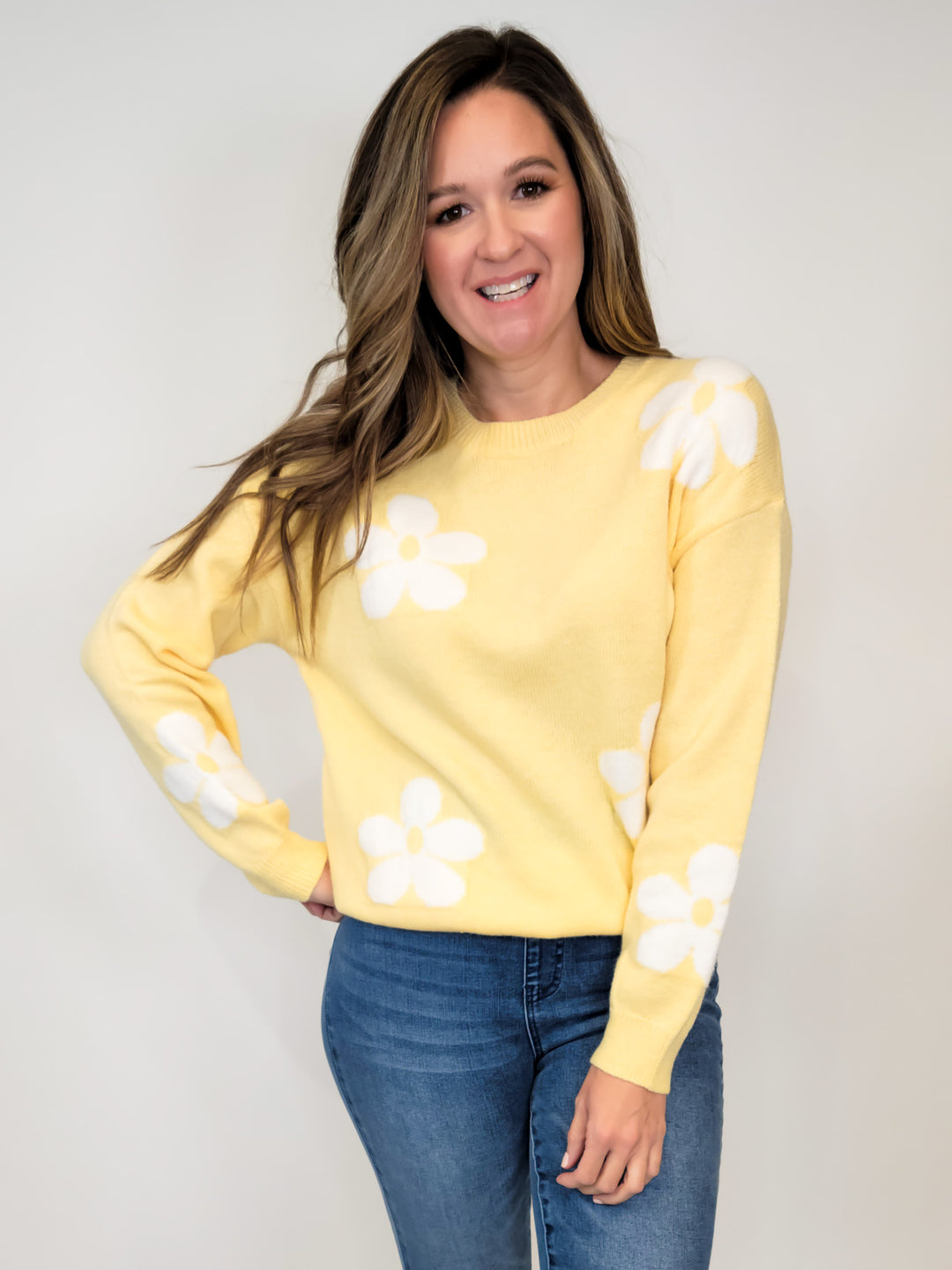 PUFF FLORAL SWEATER TOP - YELLOW