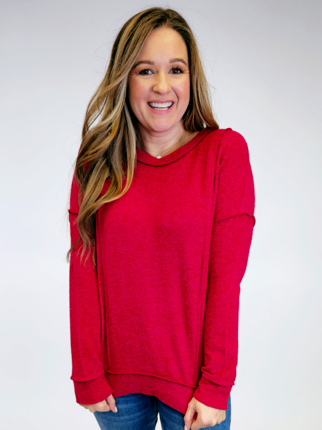 BRUSHED DROP SHOULDER SWEATER - DARK RED