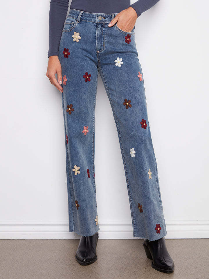 FLOWER PATCH STRETCH WIDE LEG PANTS - MEDIUM BLUE