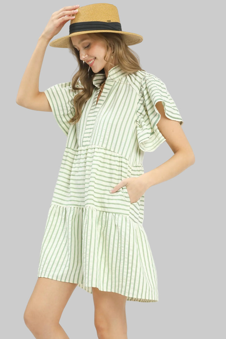 FLUTTER SLEEVE STRIPED BABY DOLL DRESS - SAGE