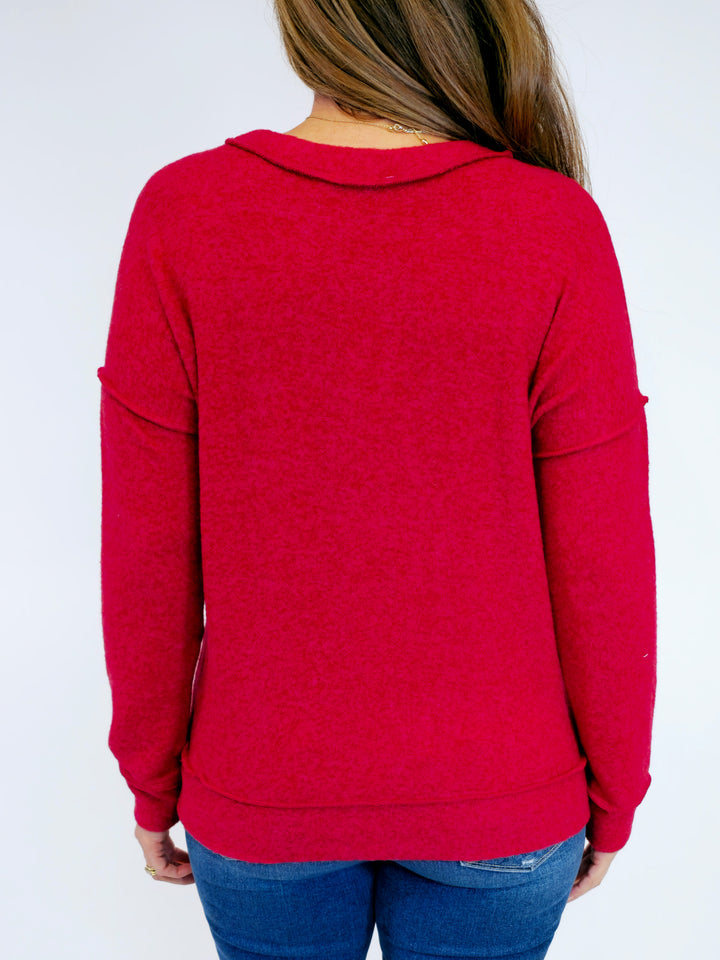 BRUSHED DROP SHOULDER SWEATER - DARK RED