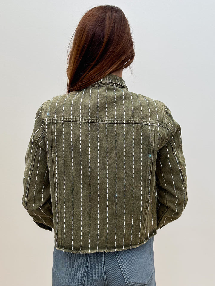 DENIM JACKET W/RHINESTONE DETAIL - OLIVE