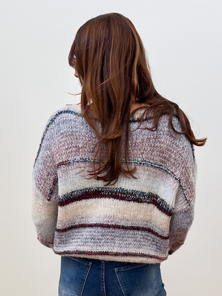 BALLOON SLEEVE MULTICOLOR STRIPED KNIT SWEATER - KHAKI