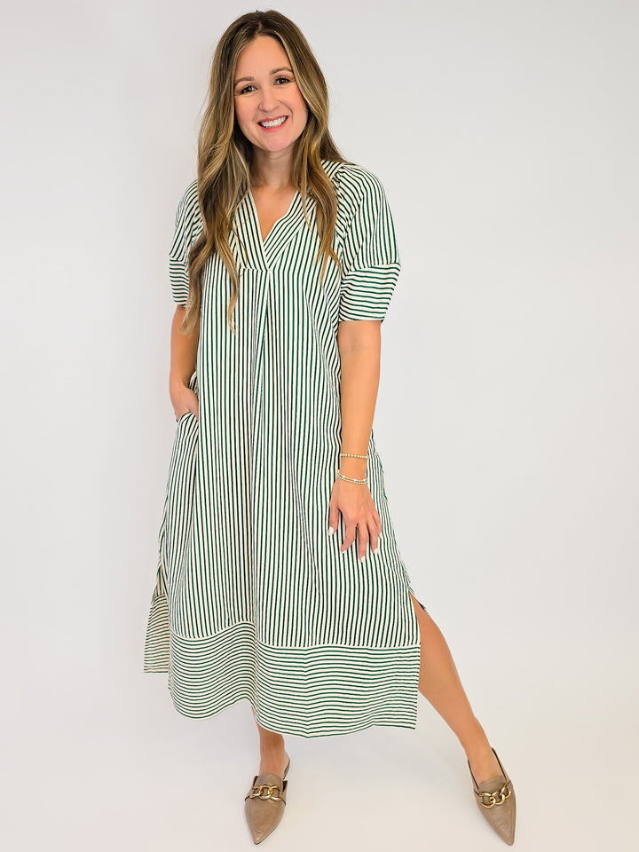 STRIPED TEXTURED MIDI DRESS - HEATHER GREEN