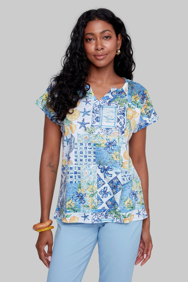 SHORT SLEEVE LEMON CROCHET DETAIL TOP - BLUE