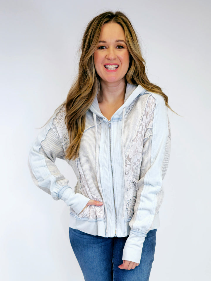 WASHED WAFFLE LACE ZIP UP LONG SLEEVE JACKET - LT BLUE