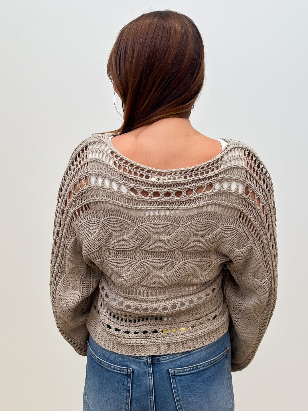 CROCHETED OPEN KNIT PULLOVER SWEATER - KHAKI