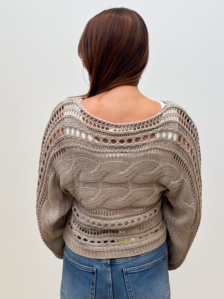 CROCHETED OPEN KNIT PULLOVER SWEATER - KHAKI