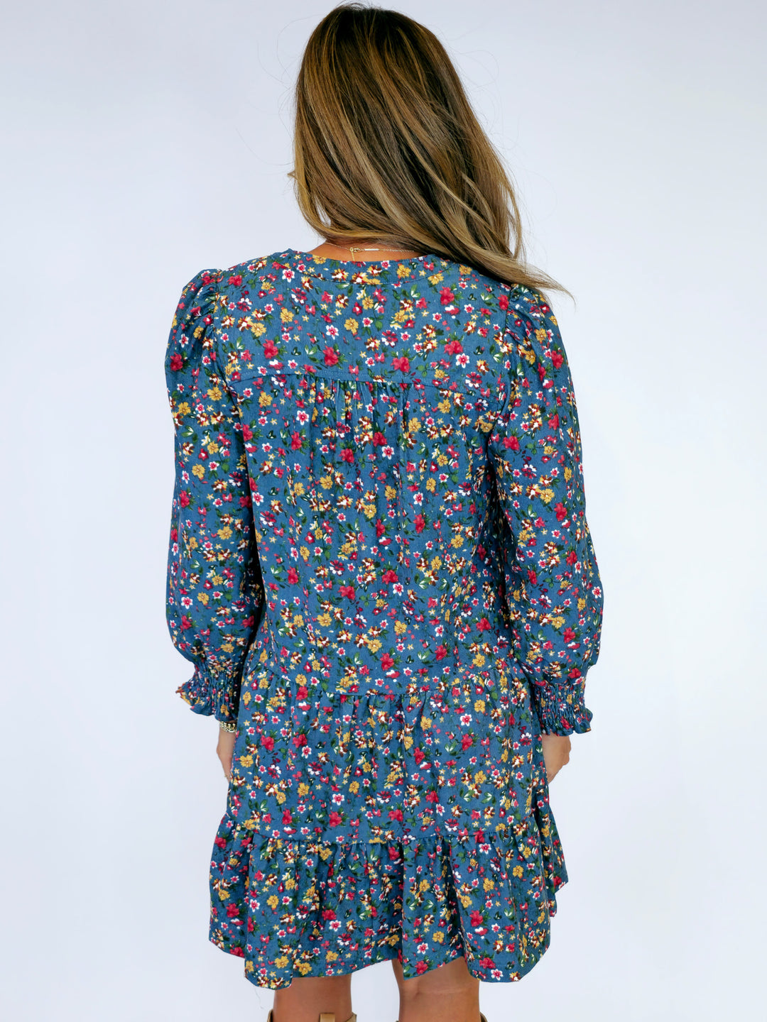 FLORAL CORDUROY TIERED SMOCKED LONG SLEEVE DRESS - DUSTY BLUE