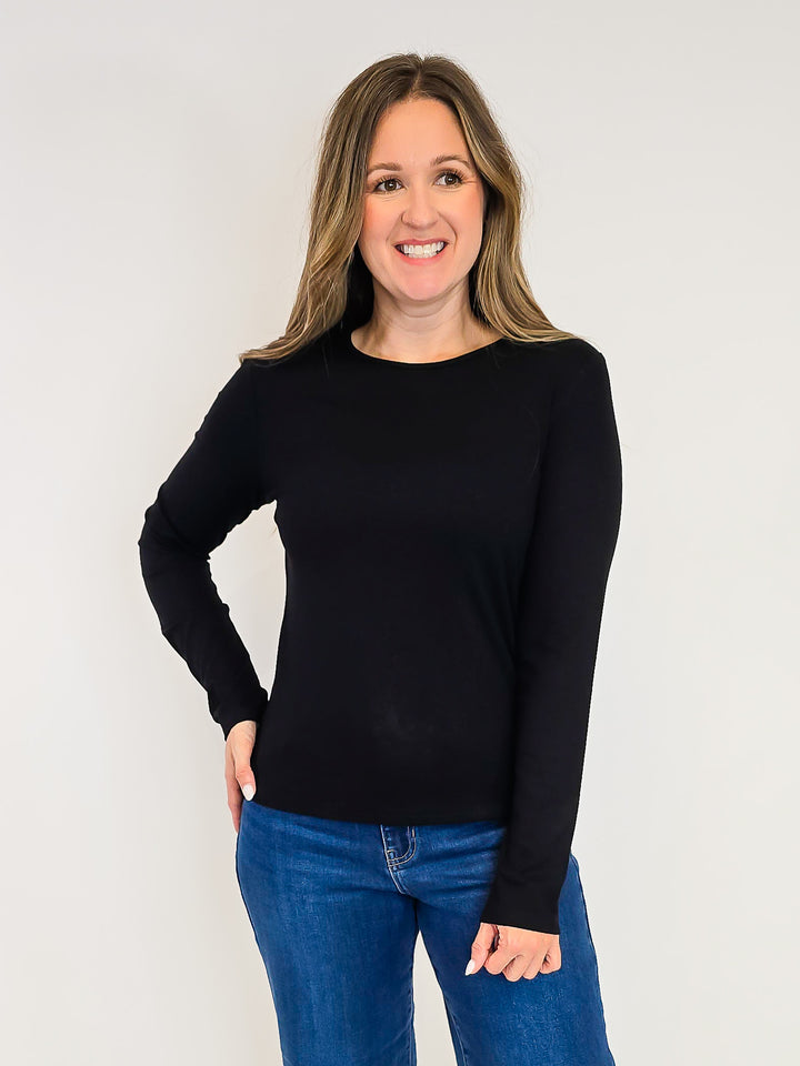 ROUND NECK LONG SLEEVE TOP - BLACK