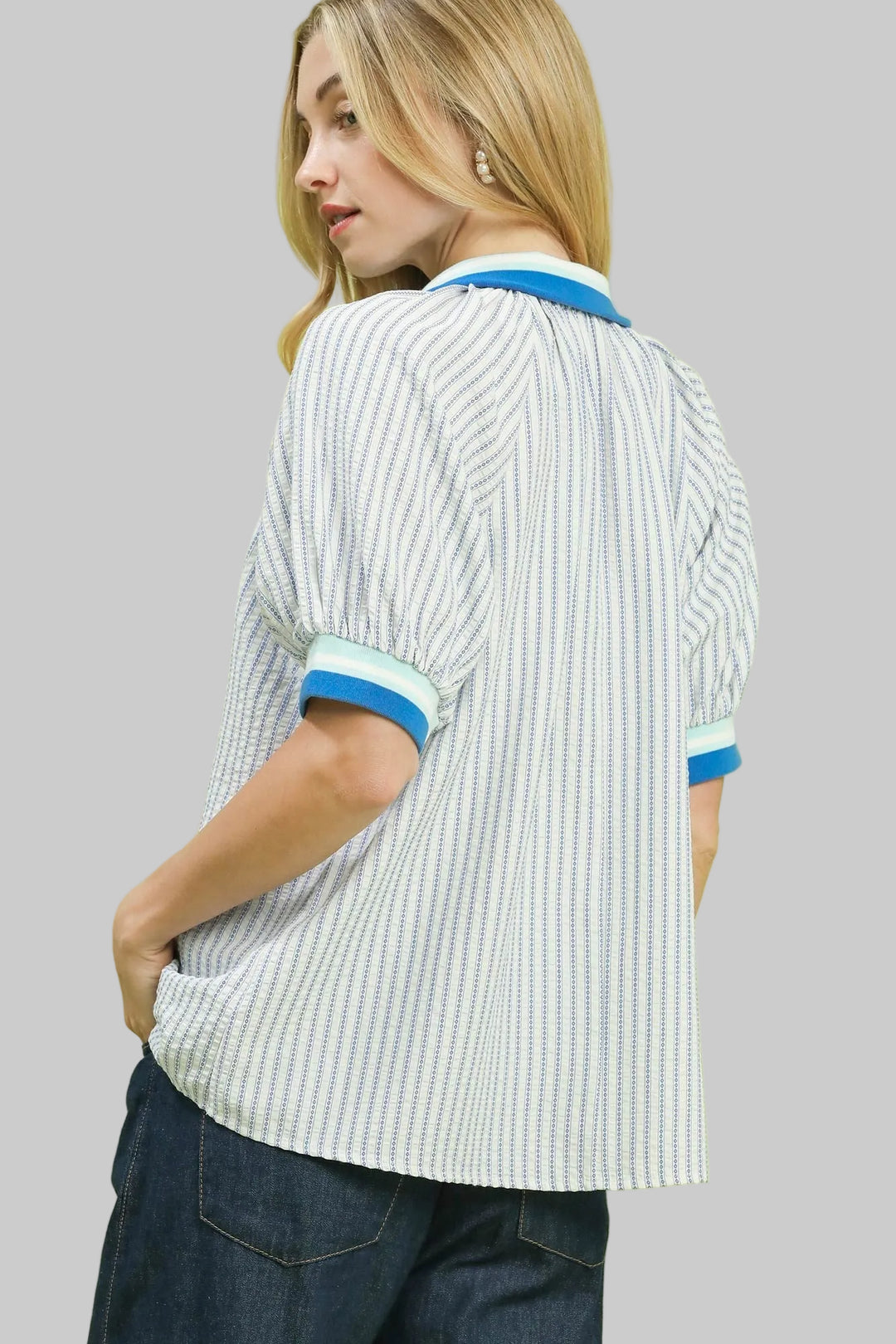 BAND PUFF SHORT SLEEVE HALF ZIP TOP - BLUE