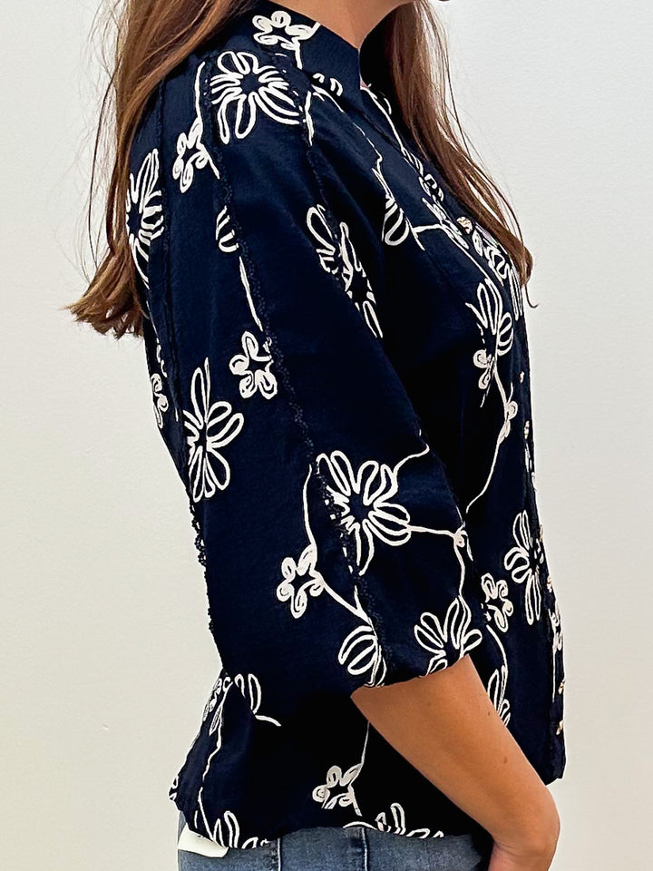 3/4 BALLOON SLEEVE FLORAL LINE PRINT BLOUSE - MIDNIGHT