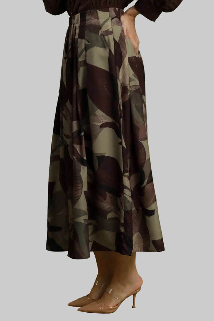 LEAFY PRINT FLOWY MAXI SKIRT - BROWN