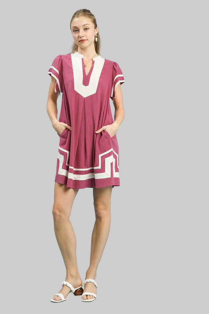 FLUTTER SLEEVE LINEN CONTRAST TRIM SHORT DRESS - BERRY