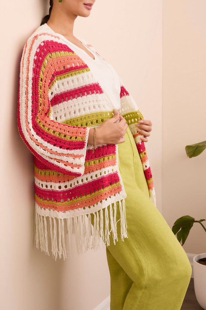 3/4 SLEEVE FRINGED HEM OPEN STITCH STRIPED CARDIGAN - KEYLIME/FUCHSIA