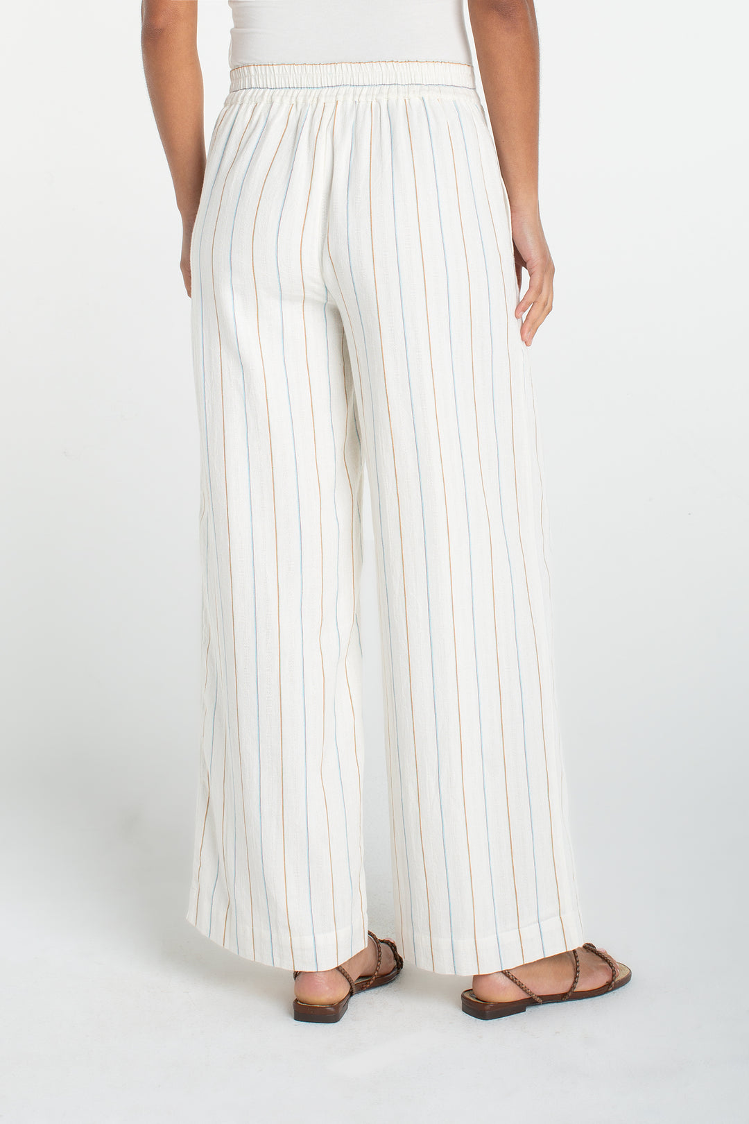 PULL ON WIDE LEG WOVEN PANTS - CREAM/BLUE STRIPES
