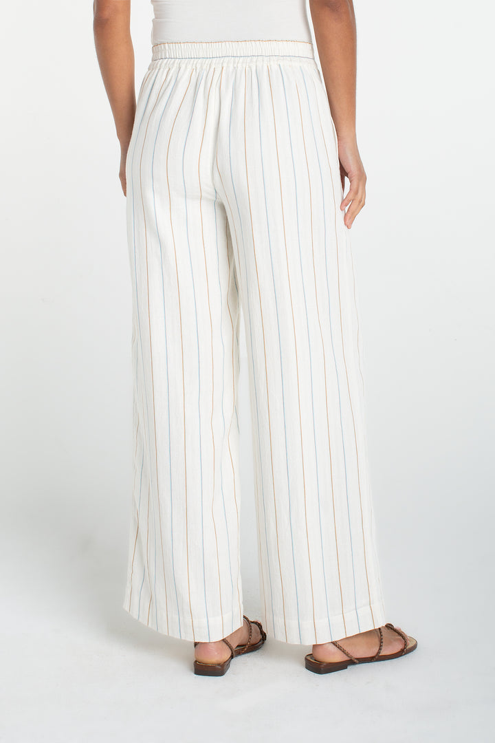 PULL ON WIDE LEG WOVEN PANTS - CREAM/BLUE STRIPES