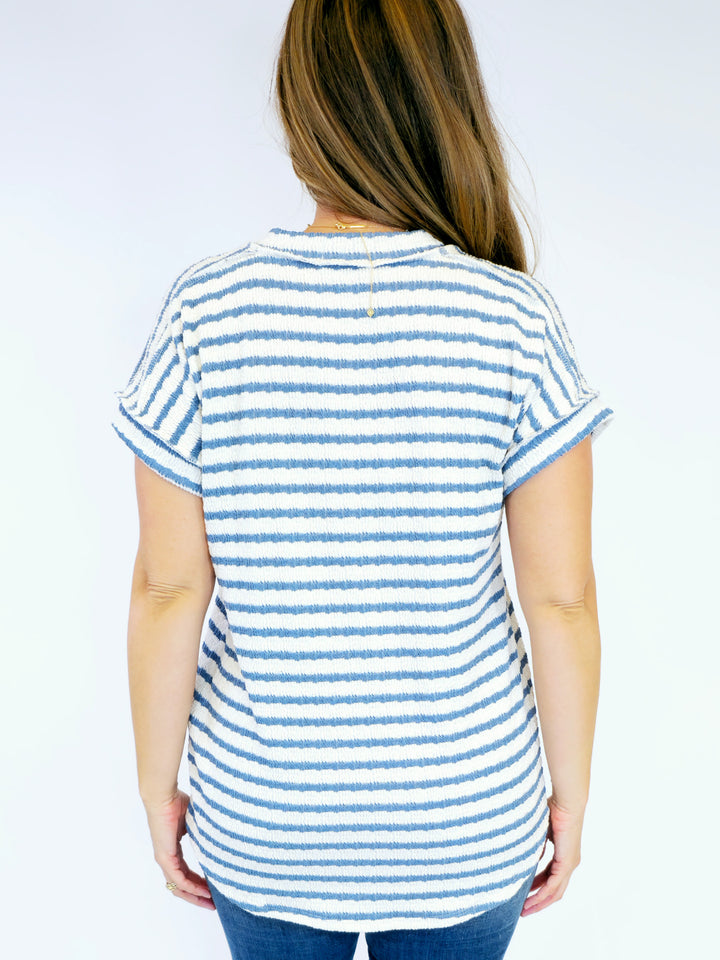 JACQUARD STRIPED VNECK TOP - CREAM/CHAMBRAY