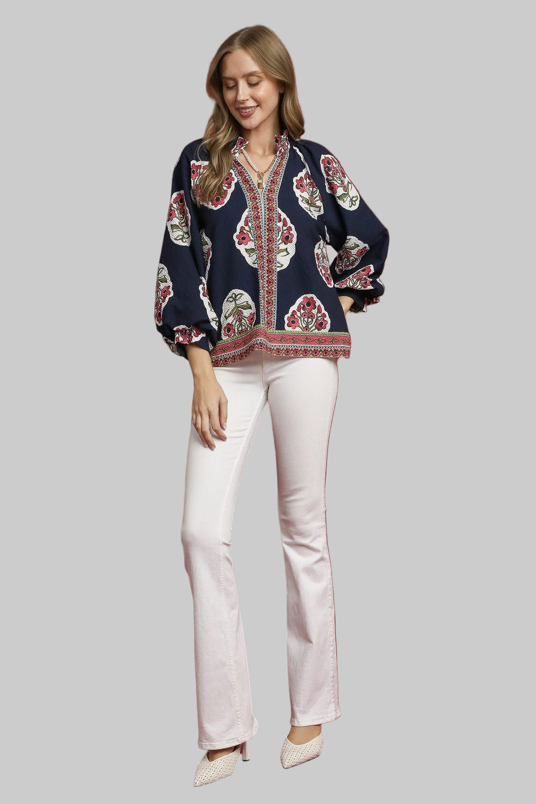 BOHO FLORAL PRINT TUNIC TOP W/BORDER PRINT - NAVY