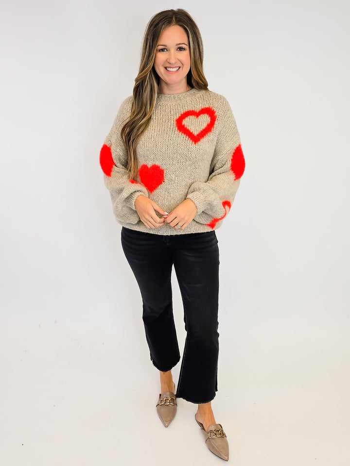 DOLMAL PUFF LONG SLEEVE HEART SWEATER - ONE SIZE - TAN/NEON ORANGE