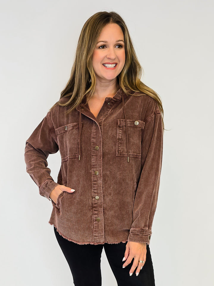 ACID WASH CORDUROY HOODED SHACKET - BROWN
