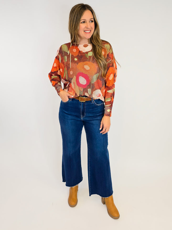 COTTON KNIT PULLOVER - ONE SIZE - BROWN FLORAL