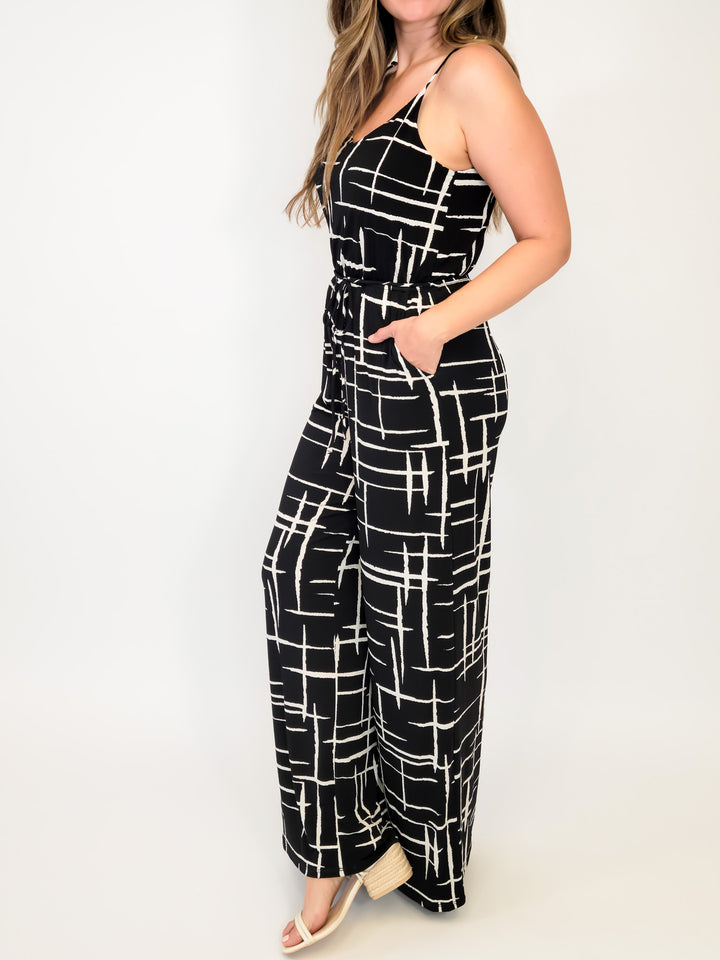 THIN STRAP ABSTRACT PRINT JUMPSUIT - BLACK/TAUPE