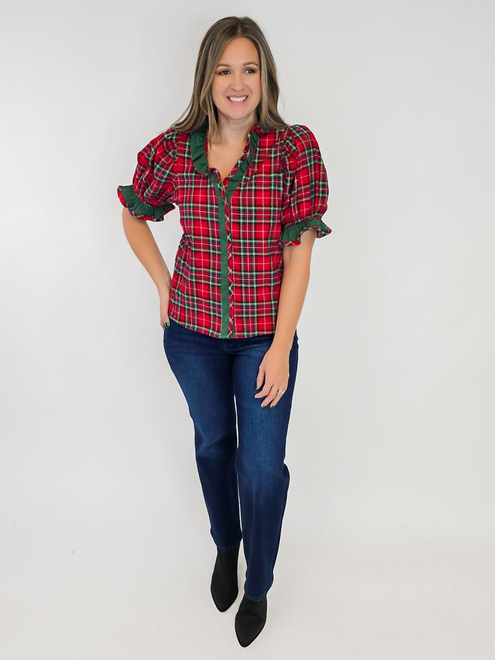PLAID SHORT PUFF SLEEVE RUFFLE TRIM TOP - RED