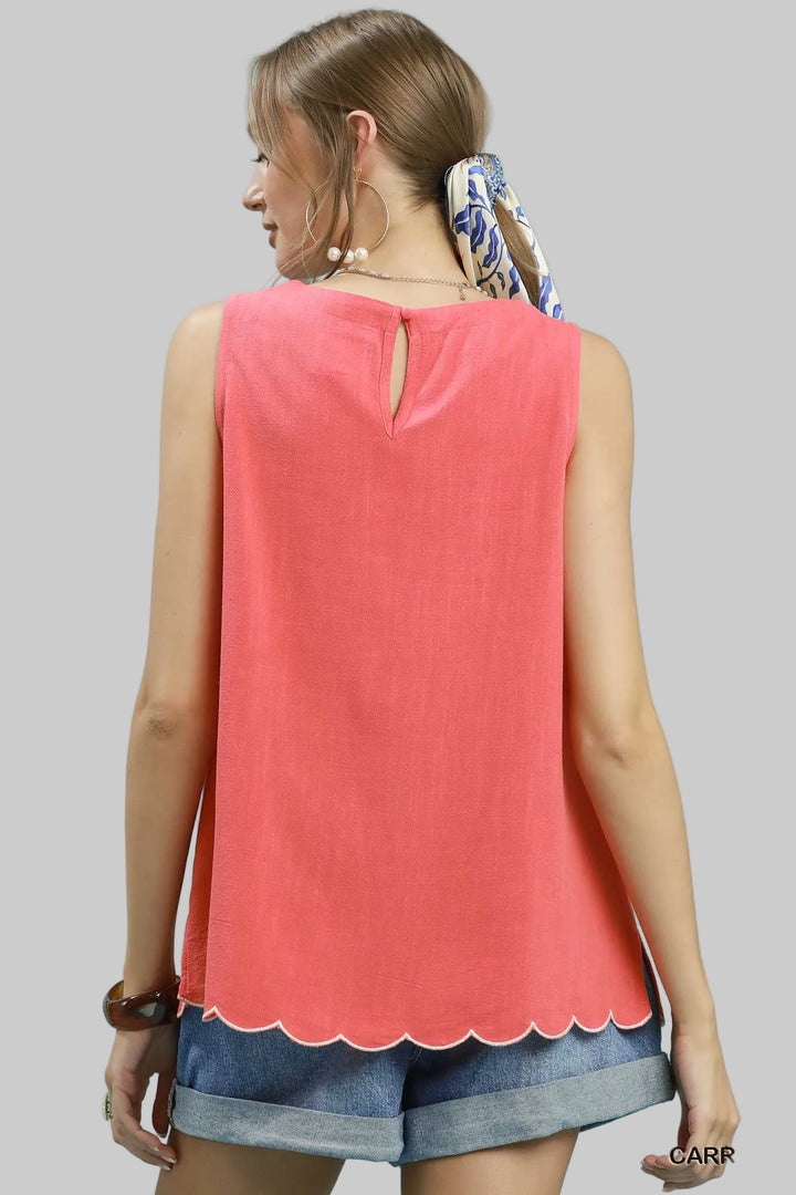 SLEEVELESS SCALLOPED HEM EMBROIDERED LINEN TOP - CARROT