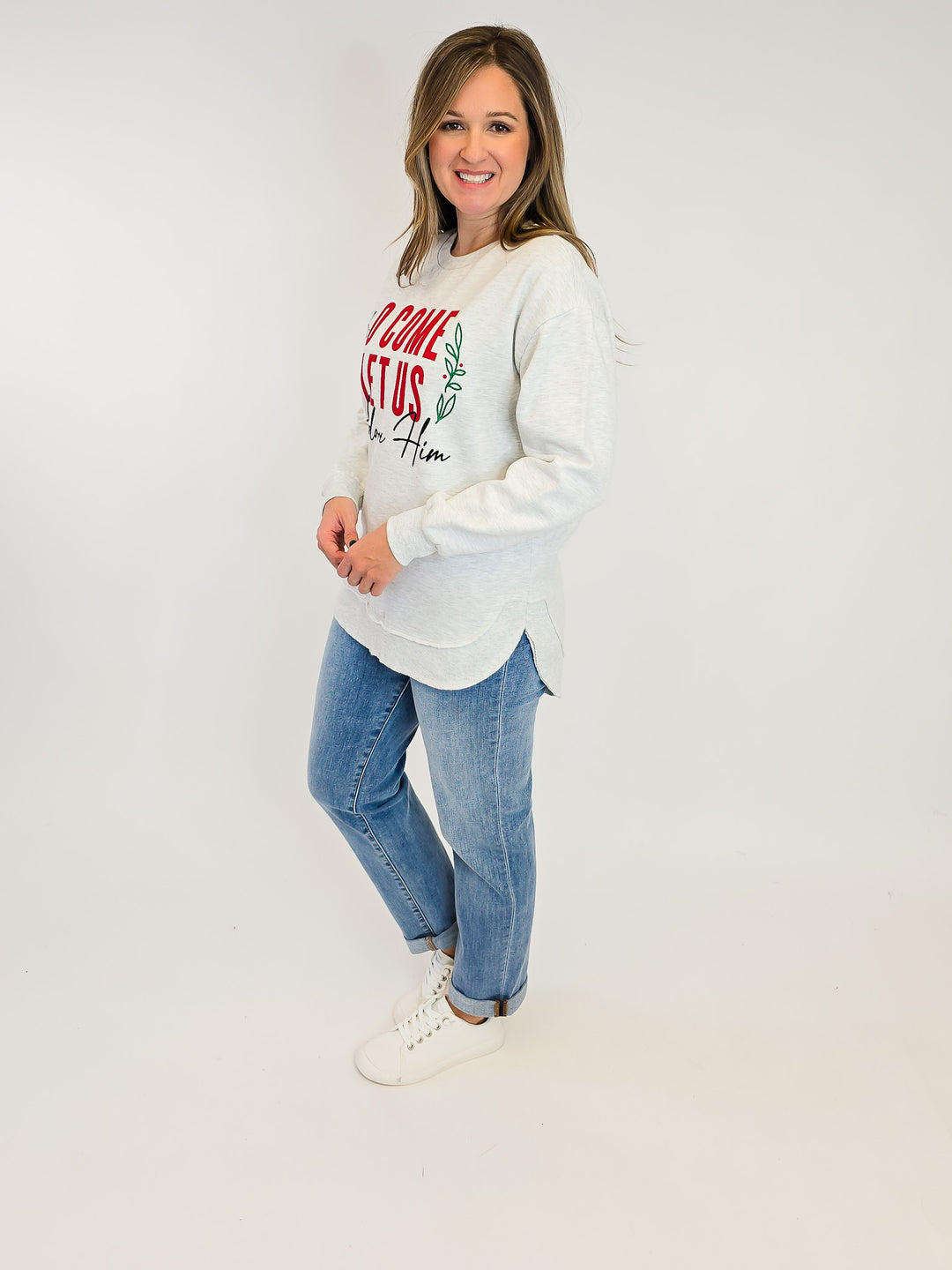 'O COME LET US ADORE HIM' CREW NECK PULLOVER - OATMEAL