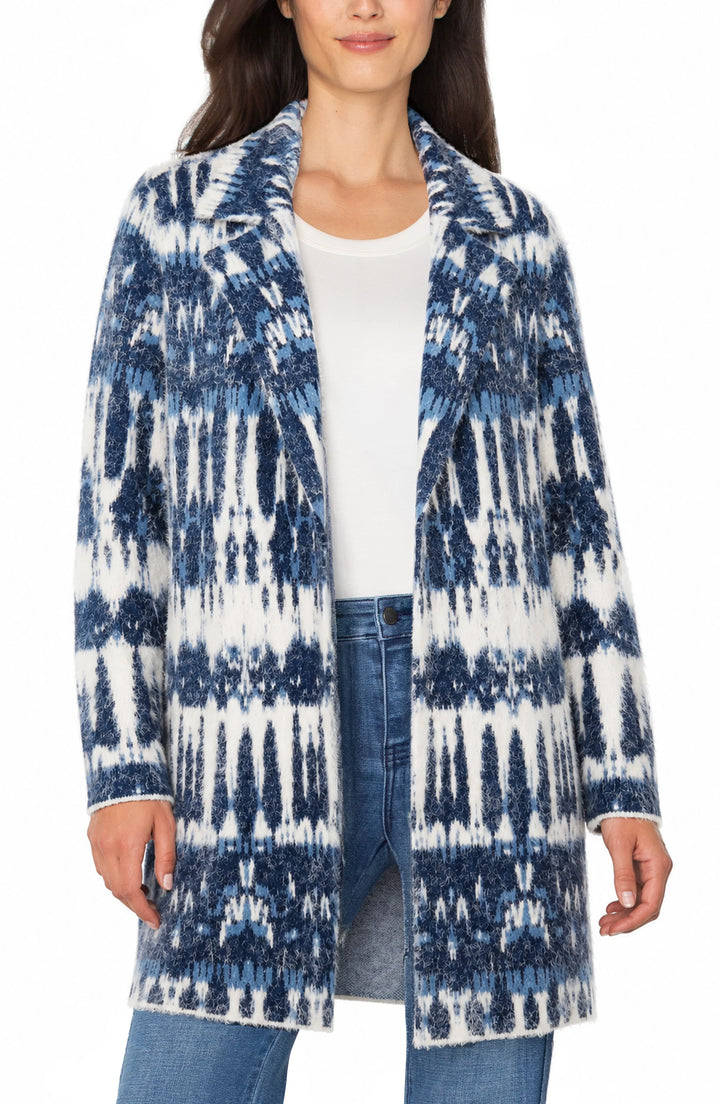 PETITE LONG SLEEVE OPEN FRONT SWEATER COAT - NAVY WHITE