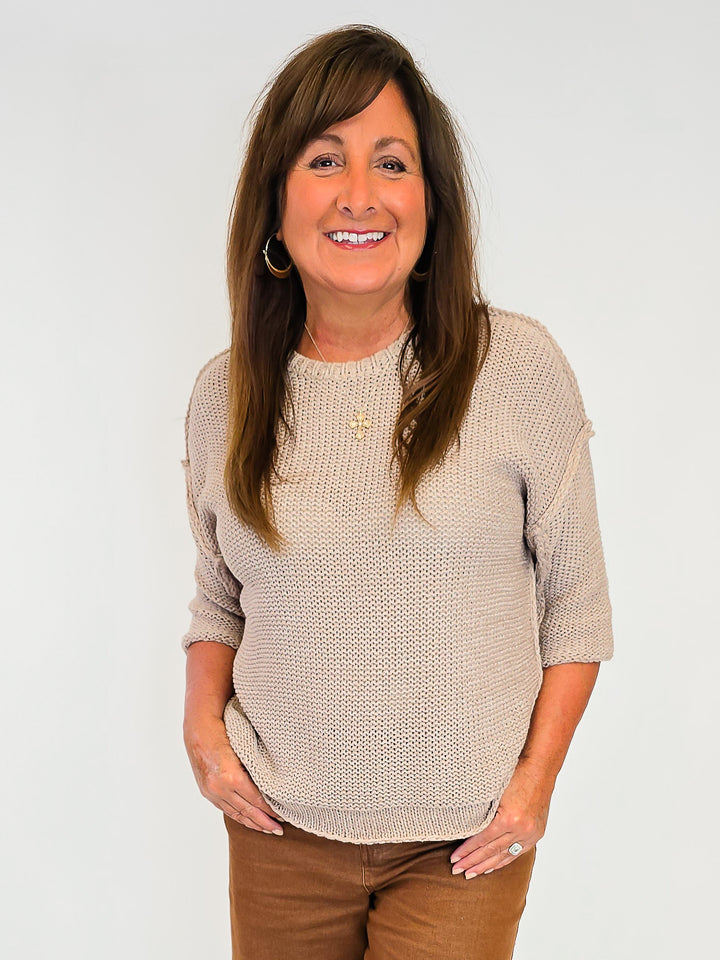 HALF SLEEVE KNIT BOXY SWEATER - MOCHA