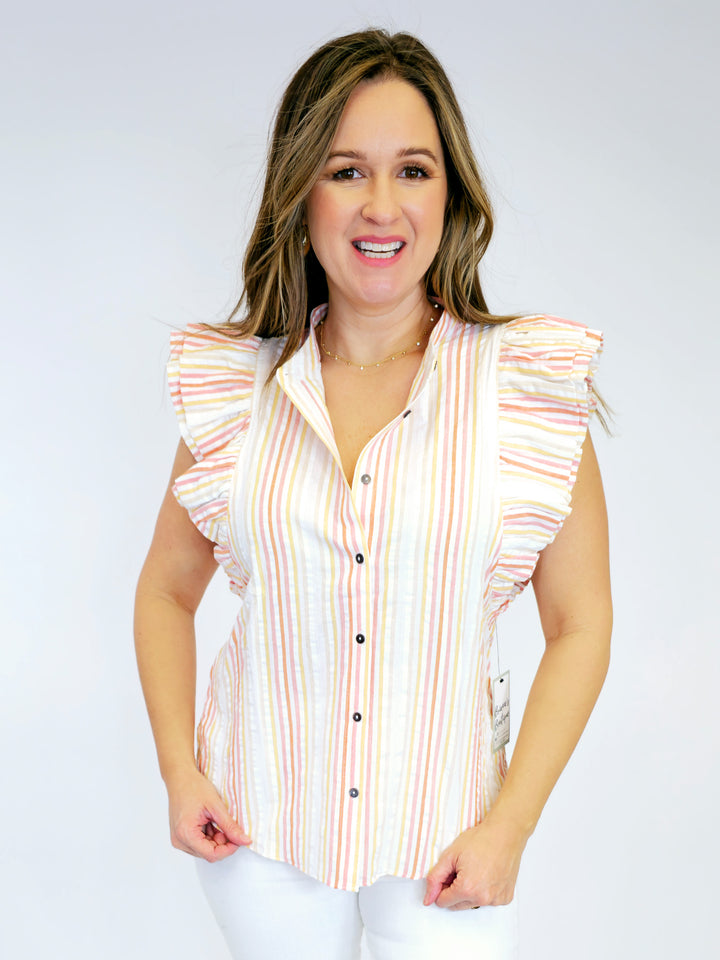 VERTICAL STRIPE FLUTTER SLEEVE TOP - ORANGE