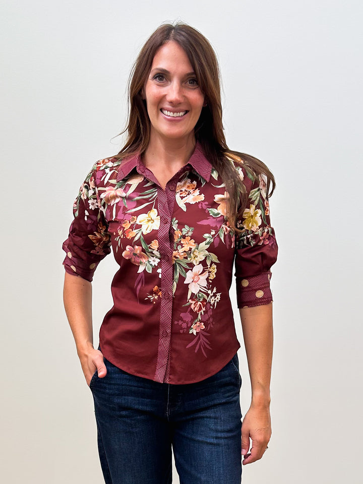 3/4 ROLL TAB SLEEVE BUTTON DOWN BLOUSE - BURGUNDY